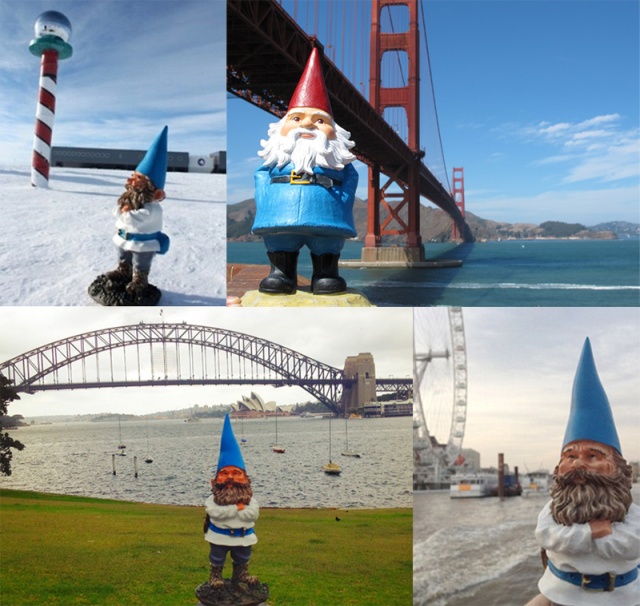 KERN the Gnome photographed in four different locations around the world.